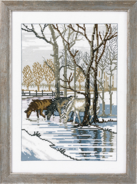 Borduurkit 3 paarden bij de beek 35 x 25 cm R5797
