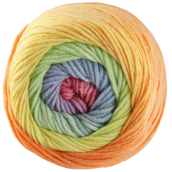 Lana Grossa Cool Wool Big Color 4036 Grijsgroen/groengeel/oranje/lila/lichtgrijs