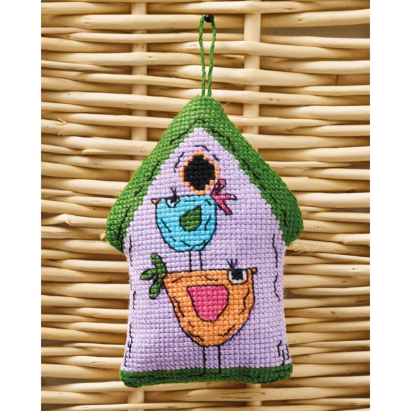 Vogelhuis paars 2 vogels 7x9 cm
