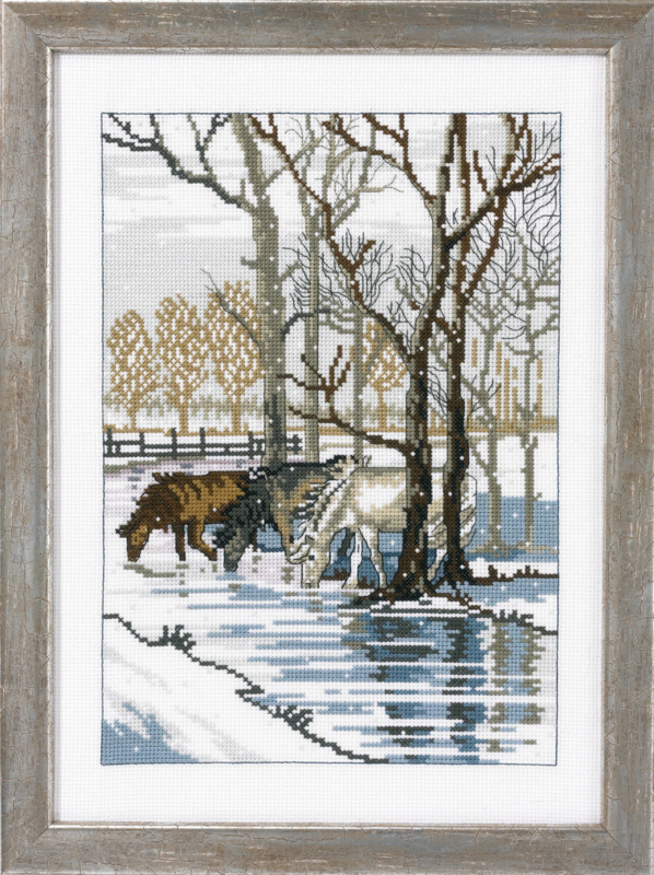 Borduurkit 3 paarden bij de beek 35 x 25 cm R5797