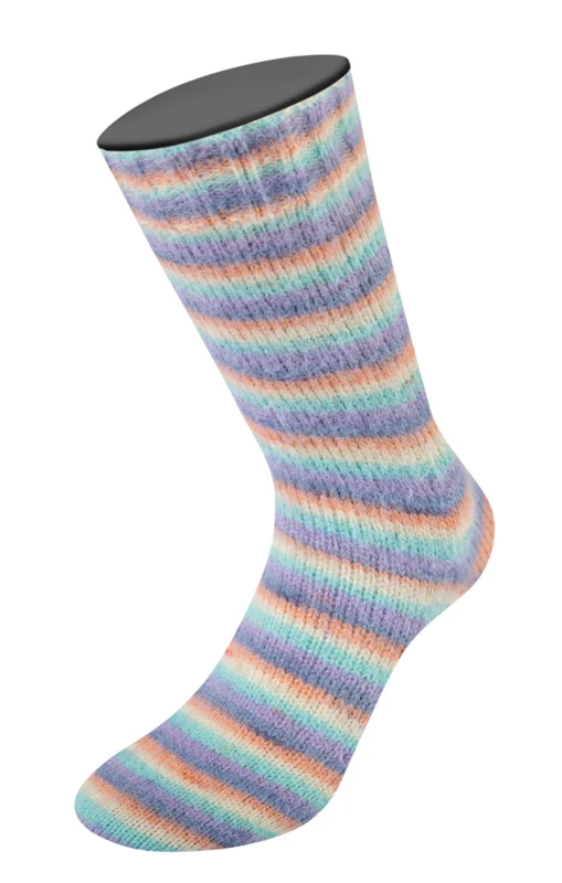 Lana Grossa Cosy Socks Multi Stripes 153 Lavendel/grijsblauw/zalm/crème/turkoois