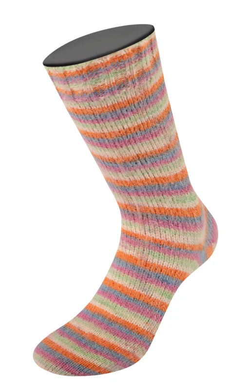 Lana Grossa Cosy Socks Multi Stripes 154 Donkergrijs/grijsblauw/fuchsia/lichtgroen/crème/oranje