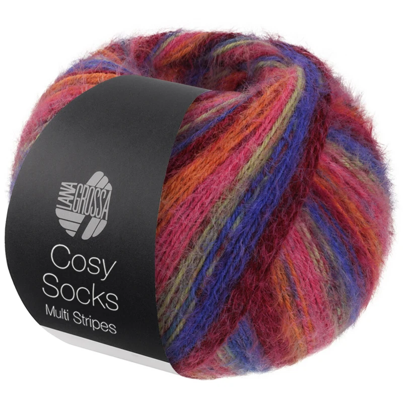 Lana Grossa Cosy Socks Multi Stripes 156 Blauwviolet/wijnrood/pompoen/roze/grijsgroen