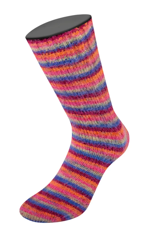 Lana Grossa Cosy Socks Multi Stripes 156 Blauwviolet/wijnrood/pompoen/roze/grijsgroen