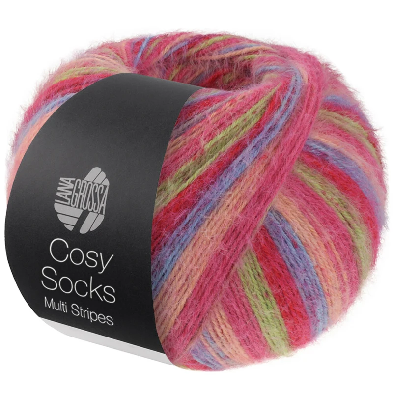 Lana Grossa Cosy Socks Multi Stripes 152 Tulp rood/violetblauw/zalmroze/roze/lichtgroen