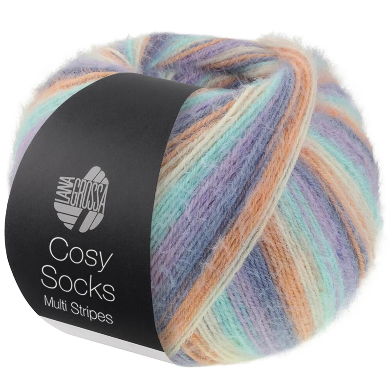 Lana Grossa Cosy Socks Multi Stripes 153 Lavendel/grijsblauw/zalm/crème/turkoois