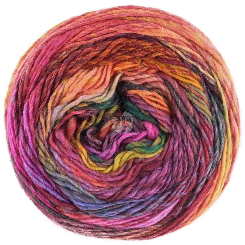 Lana Grossa Colorissimo 218 Roze/Fuchsia/Eigeelgeel/Grijsgeel/Oranje/Roodbruin/Groengrijs/Zwartrood