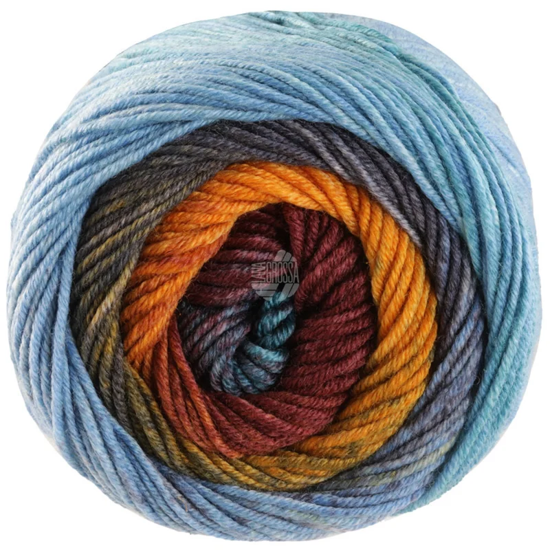 Lana Grossa Cool Wool Big Color 4034 Kaneelbruin/geel/khaki/donkergrijs/lichtgrijs/pastelblauw/mintturkoois
