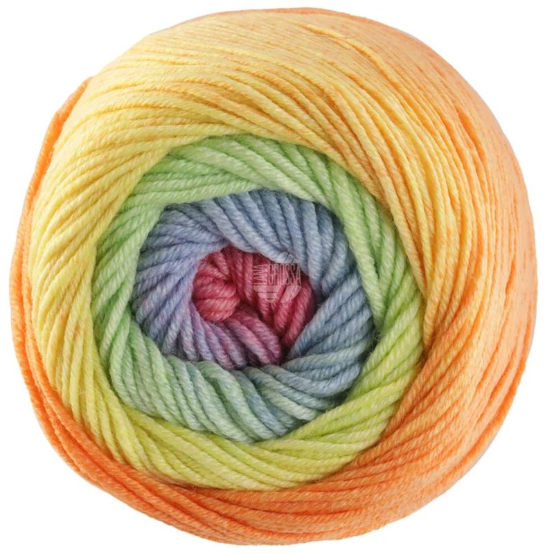 Lana Grossa Cool Wool Big Color 4036 Grijsgroen/groengeel/oranje/lila/lichtgrijs