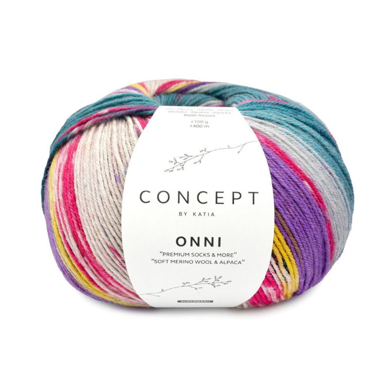 Katia Concept Onni Socks 405 Blauwgroen-Fuchsia-Citroengeel