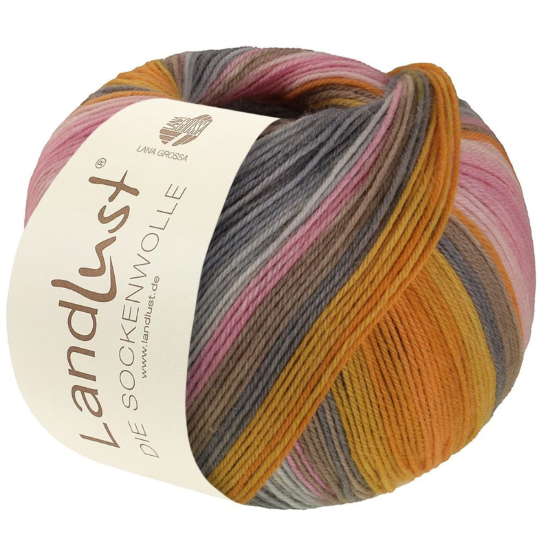 Lana Grossa Landlust Die Sockenwolle 132 Oranje/Eigeel/Zalmoranje/Grijs/Grijsbeige/Lichtroze/Roze/Anjer/Lichtgrijs gestreept