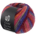 Lana Grossa Cosy Socks Multi Stripes 156 Blauwviolet/wijnrood/pompoen/roze/grijsgroen