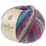 Lana Grossa Landlust Die Sockenwolle 619 Saffraangeel/Donkerblauw/-grijs/Lichtgrijs/Turkoois/Braam/Bordeaux gestreept