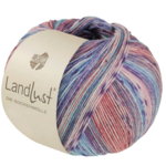 Lana Grossa Landlust die Sockenwolle Seide 334 Turkoois/Hemelblauw/Violet/Roze/Zalm/Grijs-/Lichtroze gestreept