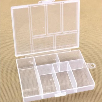 Kunststof doos met deksel, transparant, 12x8.5 cm, 6 vakken